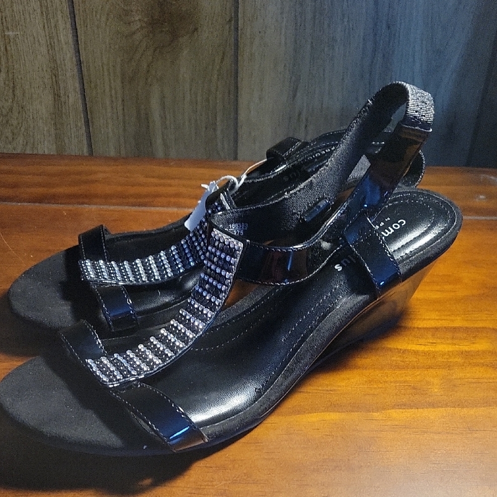 Comfort Plus By Elegant Black Wedge Sandals Size 8W